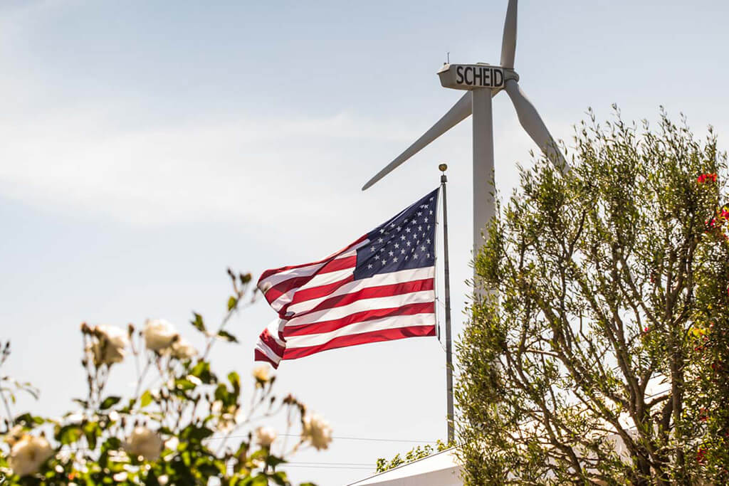 Scheid wind turbine with American flag