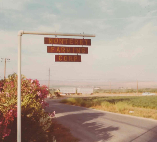 Vintage sign at Monterey Farming Corp farm, surrounded by flowers and distant fields in California's agricultural region.