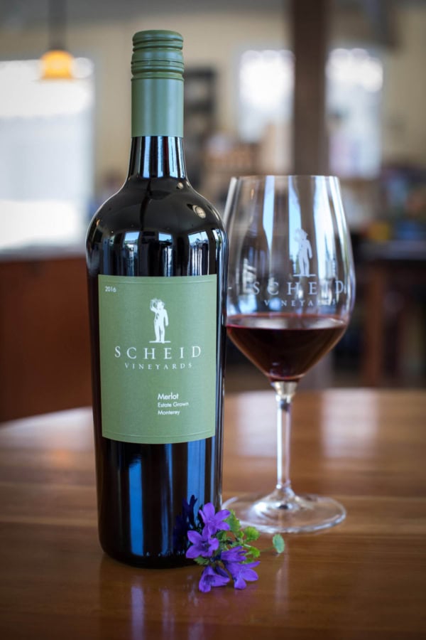 Vineyard wine bottle and glass of red wine, Scheid Vineyards, Monterey, California, focusing on wine tasting.