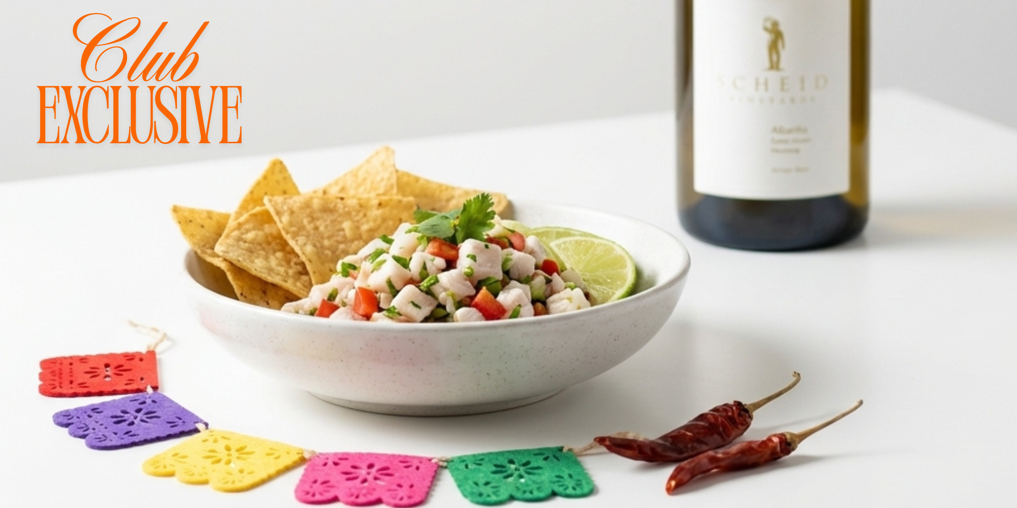 Fresh ceviche with tortilla chips, lime, and chili peppers, perfect for Cinco de Mayo celebrations.