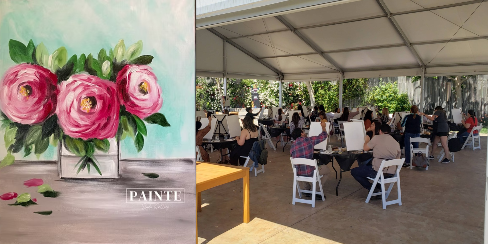 Guests enjoying a paint and sip art class at Scheid Vineyards outdoor event.