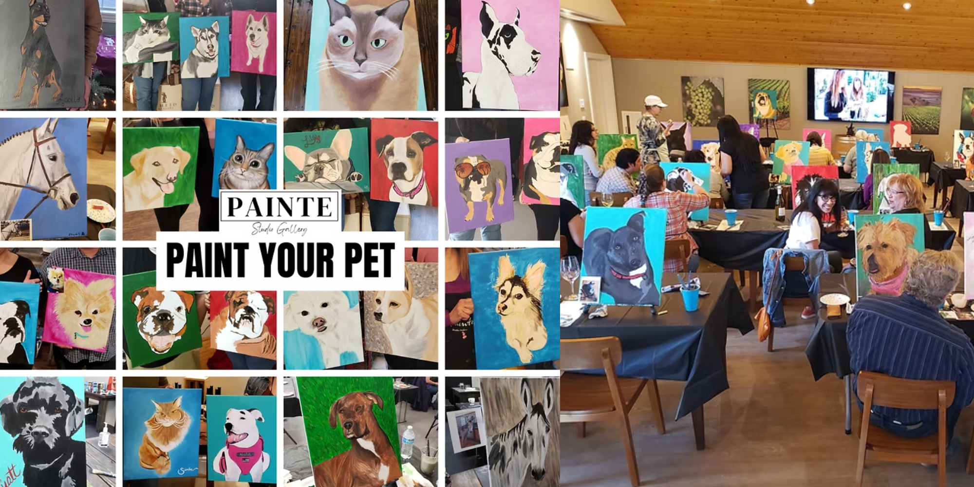 Participants painting pet portraits at a 'Paint Your Pet' event by Scheid Vineyards.