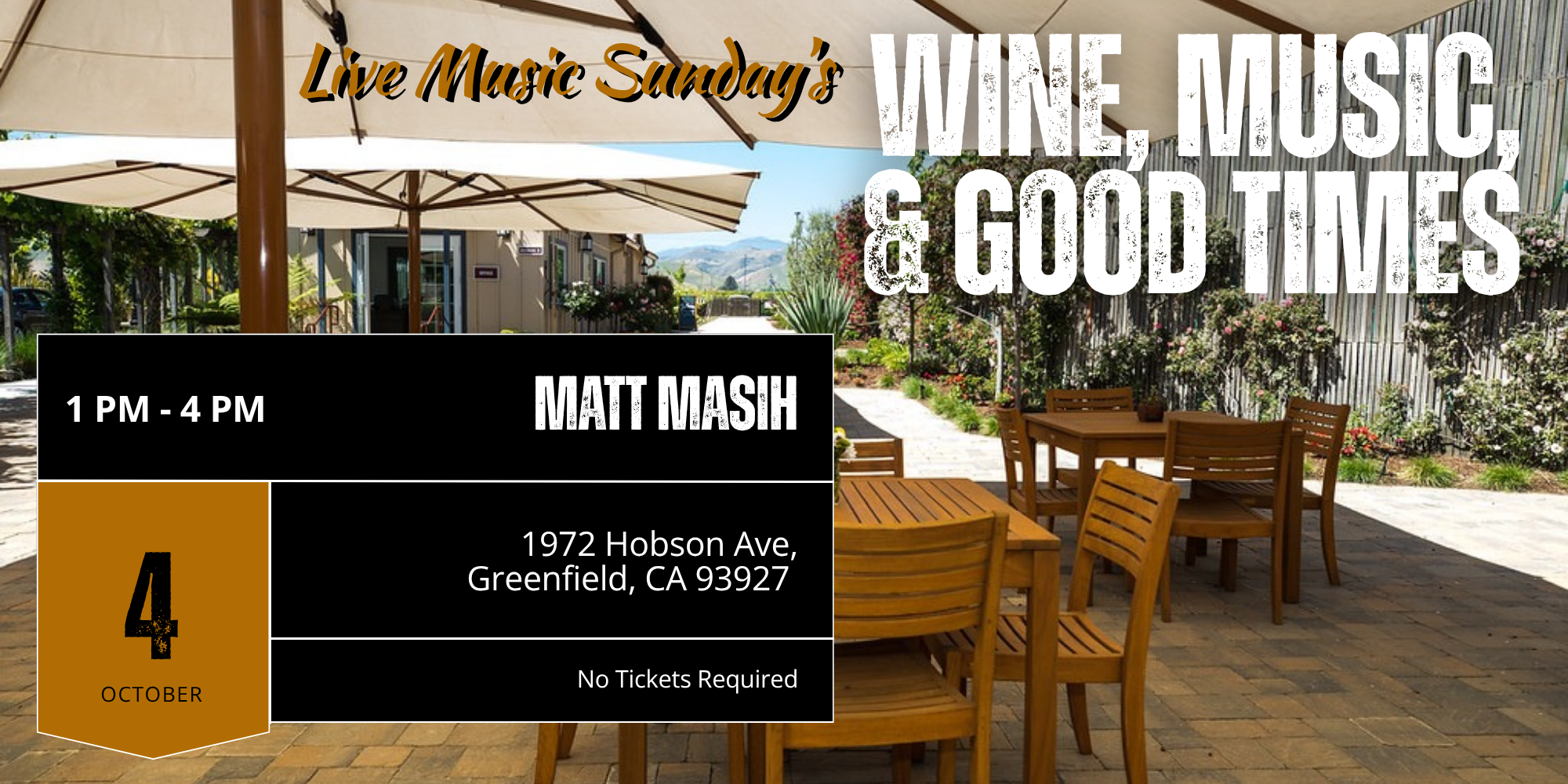 Outdoor patio at Scheid Vineyards with tables and umbrellas for live music event.