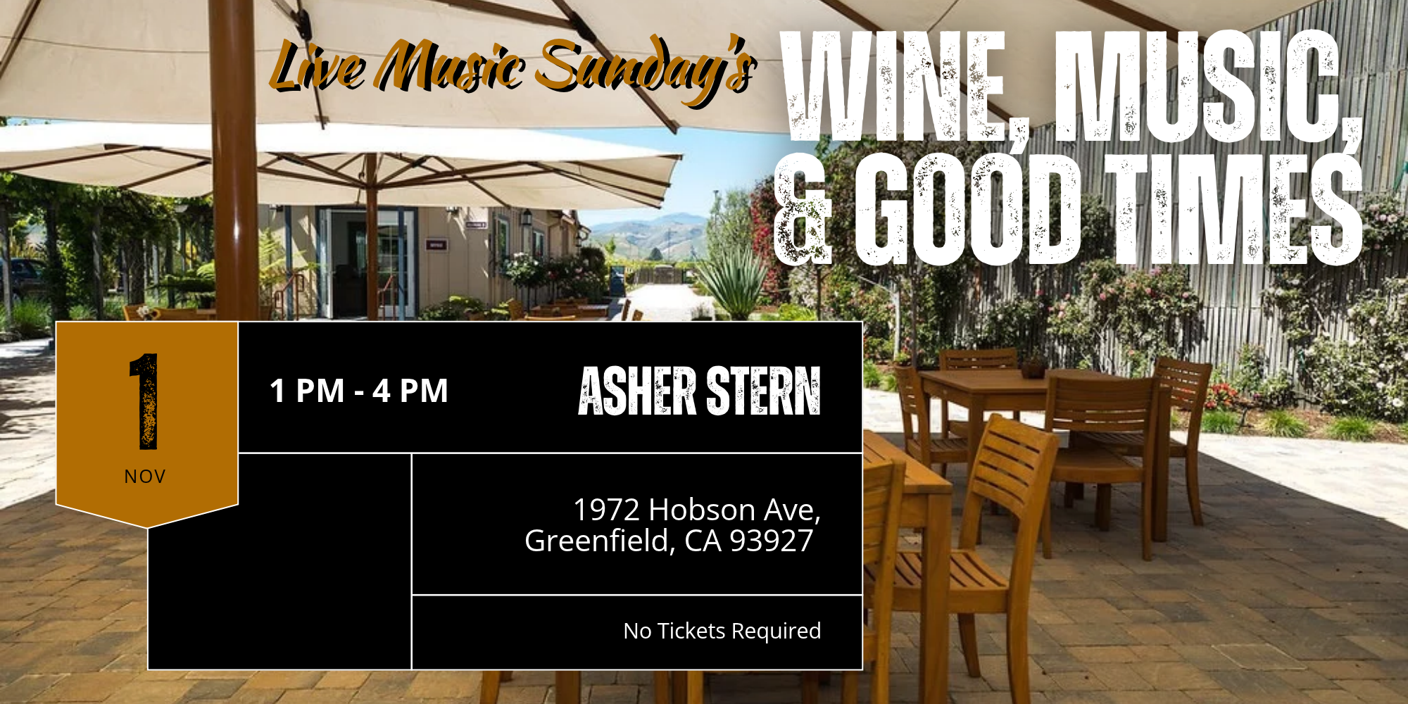 Outdoor patio with tables and umbrellas at Scheid Vineyards during live music event.